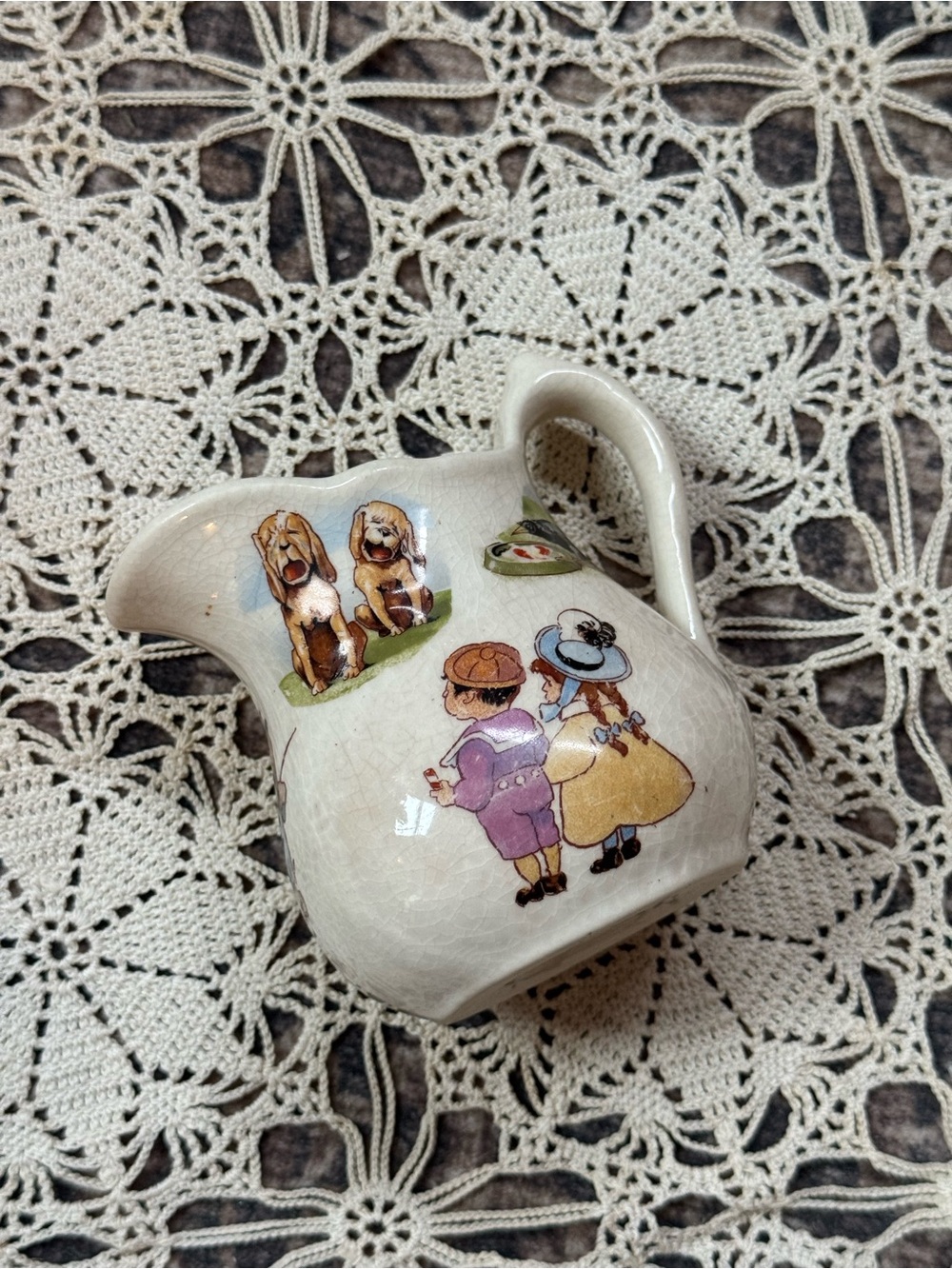 Vintage Nursery Rhyme Ceramic Pitcher Three Blind Mice Crackle Glaze